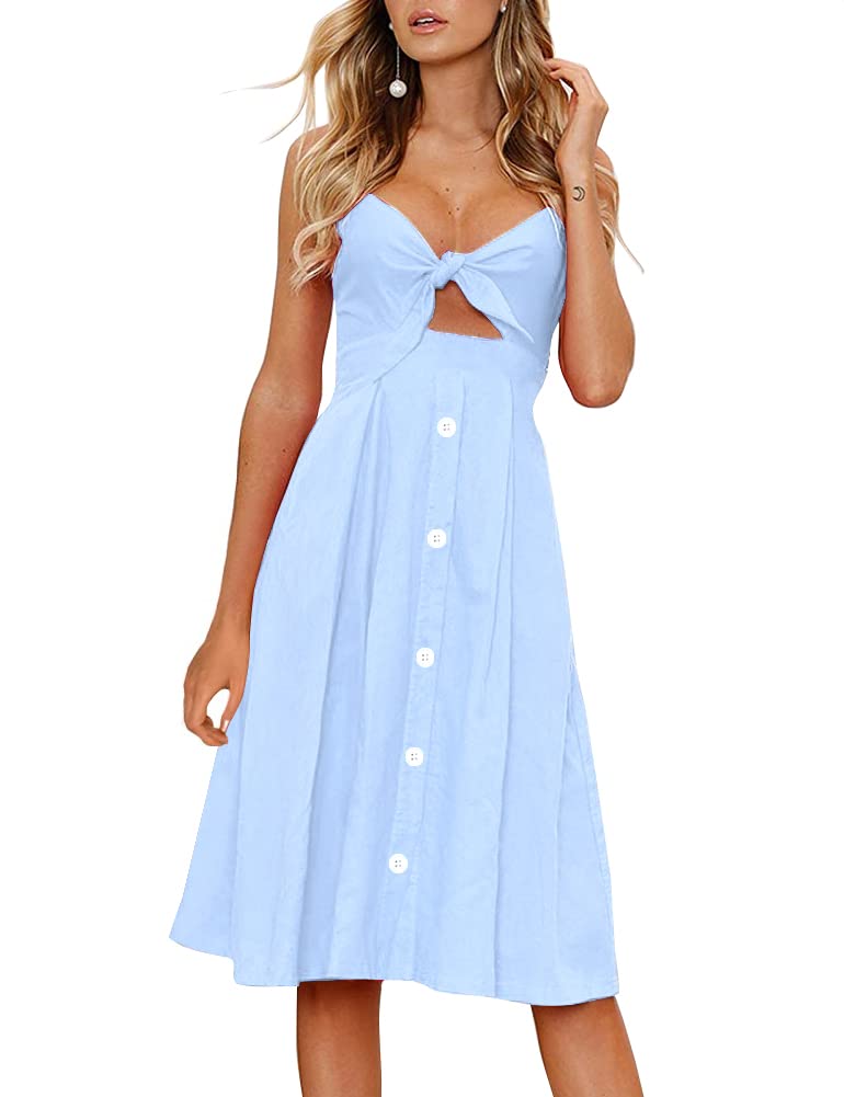 FANCYINN Women's Tie Front Dress Button Down Spaghetti Strap Cute Midi Dress A Line Swing Dress for Women Light Blue XS - Image 1